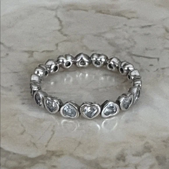 Pandora ALE 925 Sterling Silver Forever More Clear CZ Hearts Stacking Band Ring - Picture 6 of 7